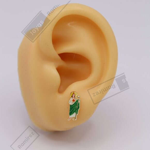 14K Solid Gold Saint Jude Stud Earrings • Green Robe • Water-Resistant Enamel. - Picture 5 of 7